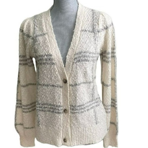 Joie V-neck Button Cardigan Cream and Gray Striped  Wool Blend Women's Size S - Picture 1 of 4